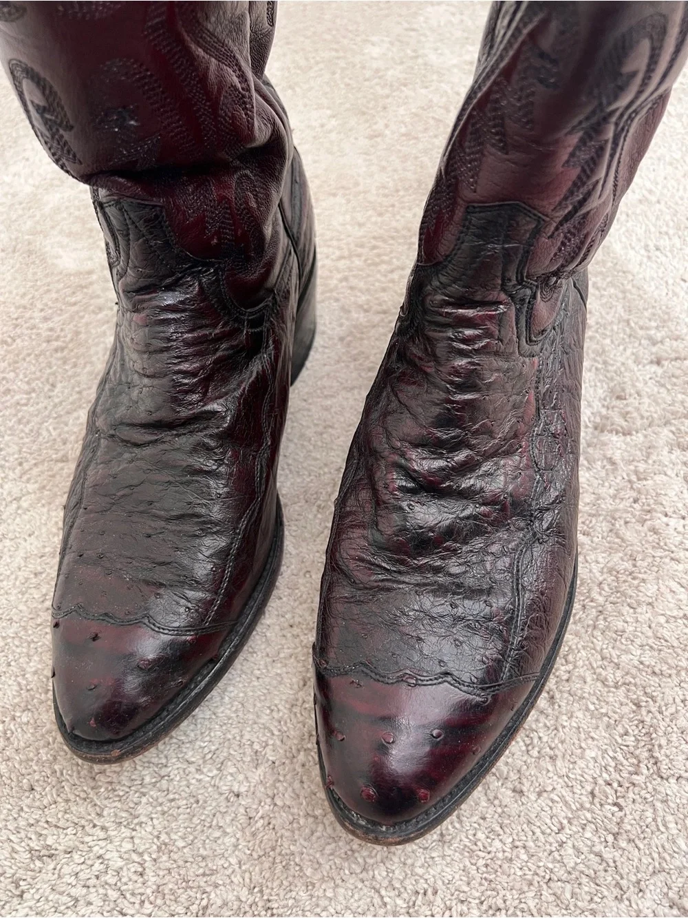 Vintage Dan Post Genuine Full Quill Ostrich Cowboy Boots Burgundy/Oxblood